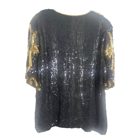 Vintage Royal Feelings Sequin Top Gold Black 4X 100% Silk Short Sleeve 1970's - Picture 4 of 6